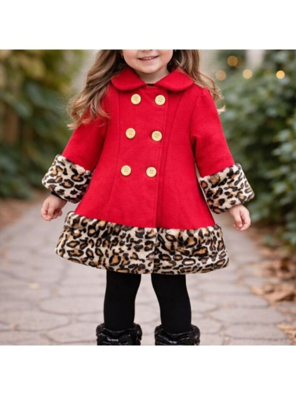 Penelope Mack Girls Red Coat Faux Fur Cheetah Print Gold Buttons